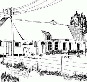 Grote-Bivelen, jaren 1970. Woonhuis, gezien vanaf de straat. Tekening: Hilde Lambrechts.