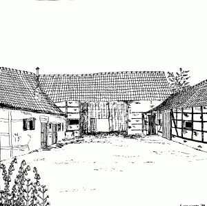 Grote-Bivelen, jaren 1970. Gezien van op de binnenplaats: links het woonhuis, in het midden de toegangspoort aan de straatkant, rechts de stallingen. Tekening: Frans Maurissen
