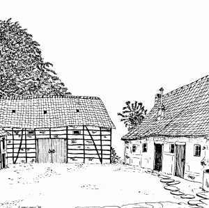 Grote-Bivelen, jaren 1970. Gezien van op de binnenplaats: de schuur met rechts het woonhuis.Tekening: Frans Maurissen