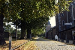 Alden Biesen, Lindendreef. Rechts de kerk, de poort, enz. Links de Hertenberg